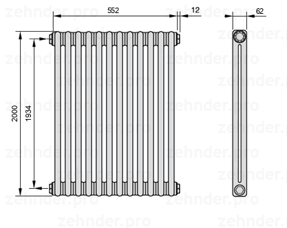 Схема (чертеж) Радиатор Zehnder Charleston 2200/12 №1270 Белый глянцевый RAL 9016